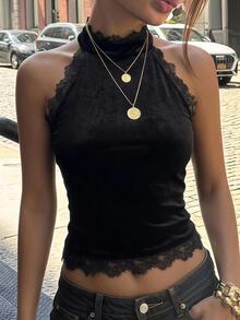 SHEIN EZwear Black Velvet Women's Halter Tank Top Halloween Night Autumn Sexy Goth - Black - View 11