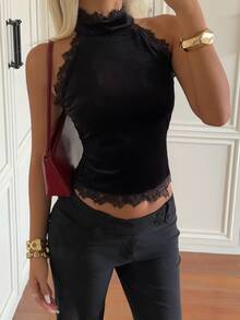 SHEIN EZwear Black Velvet Women's Halter Tank Top Halloween Night Autumn Sexy Goth - Black - View 8