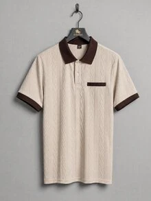 EGENSIO Men's Knitted Jacquard Solid Color Textured Beige Pattern Ribbed Collar And Cuffs Two-Button Polo Shirt Birthday Office Wedding Summer Casual - Apricot - View 4