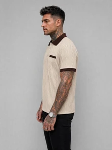 EGENSIO Men's Knitted Jacquard Solid Color Textured Beige Pattern Ribbed Collar And Cuffs Two-Button Polo Shirt Birthday Office Wedding Summer Casual - Apricot - View 3