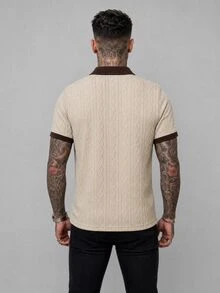 EGENSIO Men's Knitted Jacquard Solid Color Textured Beige Pattern Ribbed Collar And Cuffs Two-Button Polo Shirt Birthday Office Wedding Summer Casual - Apricot - View 2