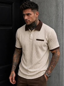 EGENSIO Men's Knitted Jacquard Solid Color Textured Beige Pattern Ribbed Collar And Cuffs Two-Button Polo Shirt Birthday Office Wedding Summer Casual - Apricot - View 1