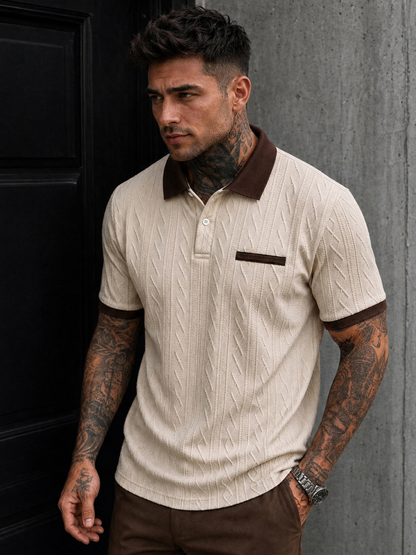 EGENSIO Men's Knitted Jacquard Solid Color Textured Beige Pattern Ribbed Collar And Cuffs Two-Button Polo Shirt Birthday Office Wedding Summer Casual
