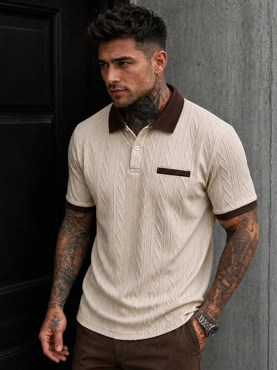 EGENSIO Men's Knitted Jacquard Solid Color Textured Beige Pattern Ribbed Collar And Cuffs Two-Button Polo Shirt Birthday Office Wedding Summer Casual - Apricot - View 1