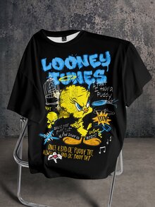 LOONEY TUNES X SHEIN 女款字母卡通印花圓領短袖休閒T恤 - 白色 - 查看 1