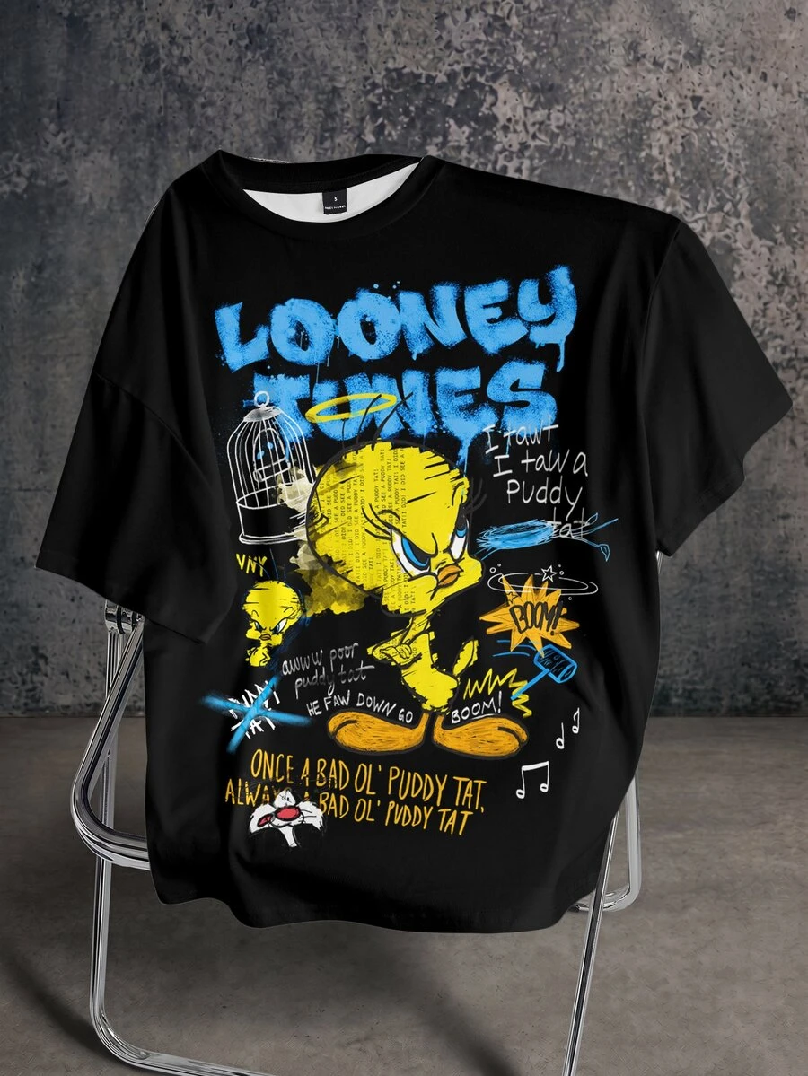 LOONEY TUNES X SHEIN 女款字母卡通印花圓領短袖休閒T恤 - 白色 - 查看 1