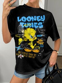 LOONEY TUNES X SHEIN 女款字母卡通印花圓領短袖休閒T恤 - 白色 - 查看 5