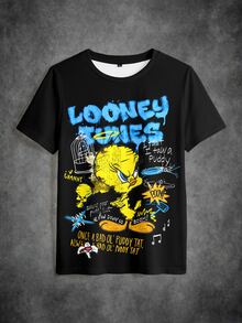 LOONEY TUNES X SHEIN 女款字母卡通印花圓領短袖休閒T恤 - 白色 - 查看 3