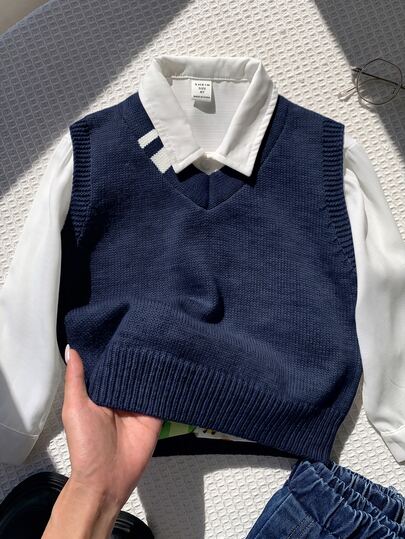 SHEIN Rompi Anak Laki-Laki Kasual Bergaris Abu-abu Serbaguna Gaya Preppy, Sweater Rajut Anak Laki-Laki, Cocok untuk Musim Semi, Gugur, Dingin, dan Musim Kembali ke Sekolah