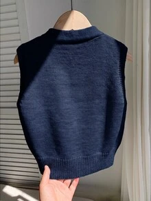 SHEIN 兒童小男孩休閒學院風百搭灰色條紋背心，小男孩針織毛衣，適合春季、秋季、冬季、返校季 - 藏蓝色 - 查看 4