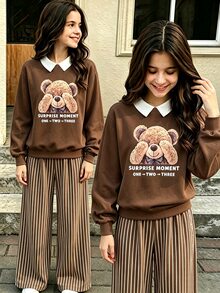 SHEIN 少女 2件套復古寬鬆針織休閒秋季卡通百褶條紋套裝，包含上衣與裙子，韓系娃娃裝上衣 - 彩色 - 查看 3