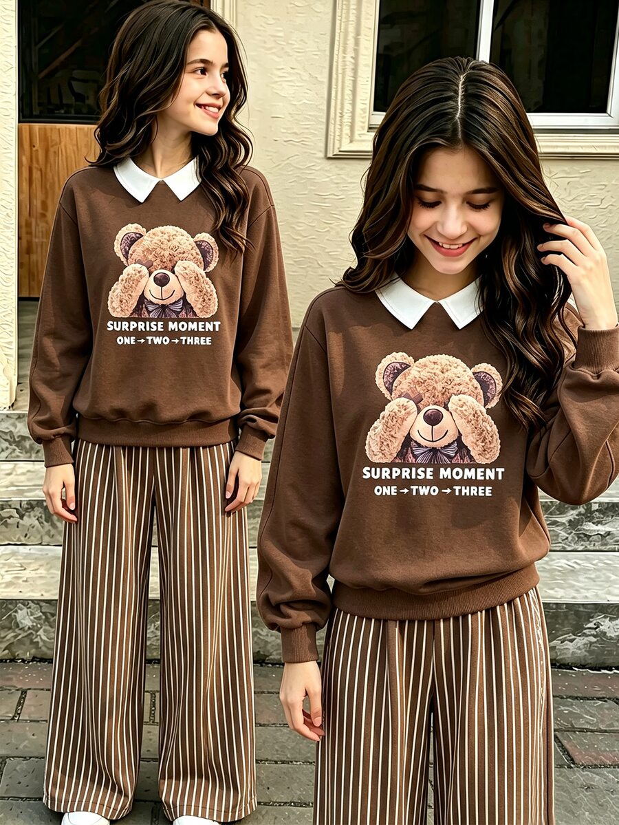 SHEIN 青少年女孩連帽衛衣長袖抓絨2件套,復古寬鬆針織休閒款,秋季度假穿搭,舒適 - 彩色 - 查看 1
