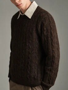 Calmiston Old Money Men's Wool Blend Crew Neck Knit Sweater Solid Color Casual Soft Long Sleeve Pullover For Daily Wear Autumn Winter Vacation Beach Brown - Coffee Brown - View 6