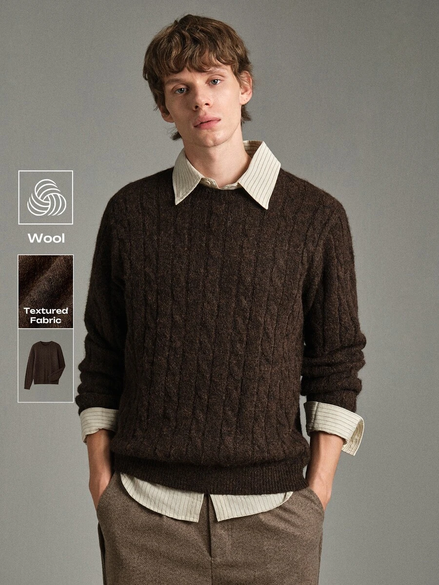 Calmiston Old Money Men's Wool Blend Crew Neck Knit Sweater Solid Color Casual Soft Long Sleeve Pullover For Daily Wear Autumn Winter Vacation Beach Brown - Coffee Brown - View 1