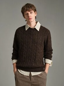 Calmiston Old Money Men's Wool Blend Crew Neck Knit Sweater Solid Color Casual Soft Long Sleeve Pullover For Daily Wear Autumn Winter Vacation Beach Brown - Coffee Brown - View 7