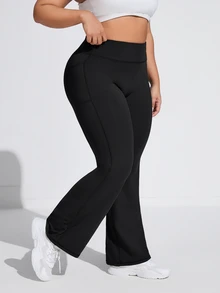 Rhythm Era Plus Size High Waisted Flare Leg Sports Pants With Side Pockets Yoga Women Pants - Black - View 4
