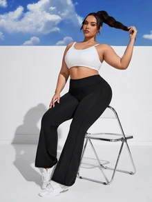 Rhythm Era Plus Size High Waisted Flare Leg Sports Pants With Side Pockets Yoga Women Pants - Black - View 5