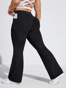 Rhythm Era Plus Size High Waisted Flare Leg Sports Pants With Side Pockets Yoga Women Pants - Black - View 2