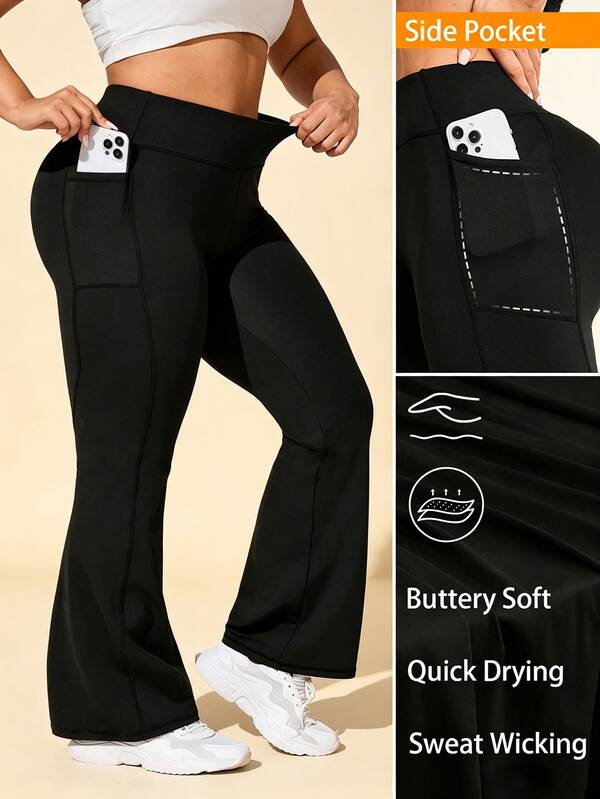 Rhythm Era Plus Size High Waisted Flare Leg Sports Pants With Side Pockets Yoga Women Pants