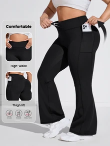 Rhythm Era Plus Size High Waisted Flare Leg Sports Pants With Side Pockets Yoga Women Pants - Black - View 3