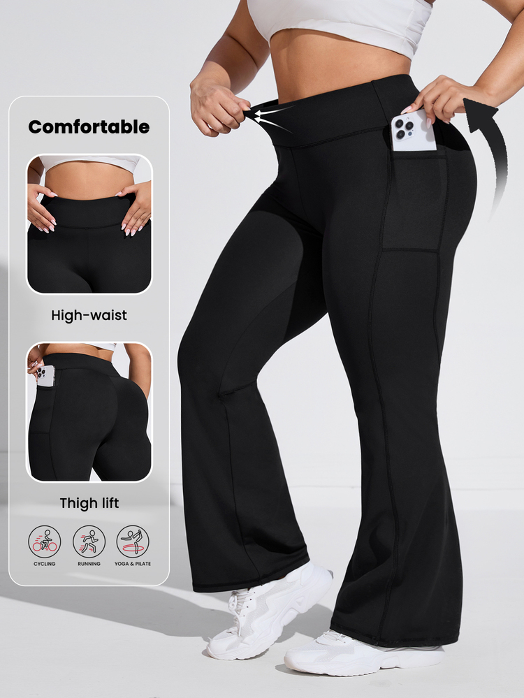 Rhythm Era Plus Size High Waisted Flare Leg Sports Pants With Side Pockets Yoga Women Pants - Black - View 3