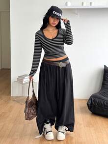 Coolane Women's Plus Size Summer Fall Streetwear Daily Wear Going Out Elegant Comfortable Black Grey Striped Knit V-Neck Long Sleeve T-Shirt - Black and White - View 3