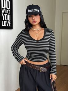 Coolane Women's Plus Size Summer Fall Streetwear Daily Wear Going Out Elegant Comfortable Black Grey Striped Knit V-Neck Long Sleeve T-Shirt - Black and White - View 4