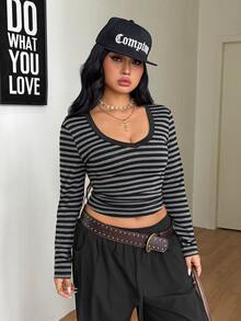 Coolane Women's Plus Size Summer Fall Streetwear Daily Wear Going Out Elegant Comfortable Black Grey Striped Knit V-Neck Long Sleeve T-Shirt - Black and White - View 6