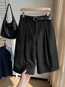 Comfortcana Celana Panjang Ukuran Besar Warna Polos dengan Kancing Penutup, Kasual, Elegan, Longgar, dan Lebar dengan Sabuk, Cocok untuk Musim Panas, Kantor, Formal, dan Bisnis (Hitam) - Hitam - View 3