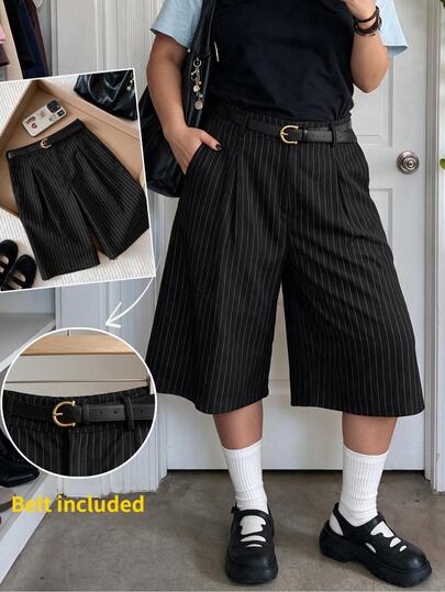Comfortcana Plus Size Solid Color Button Closure Casual Smart Classy Baggy Wide Leg Pants With Belt In Summer Office Formal Business Black