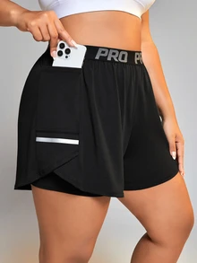 Rhythm Era Women's Plus Size Letter Print Drawstring Waistband Sports Shorts With Pockets Flowy Shorts Sweater Shorts - Black - View 1
