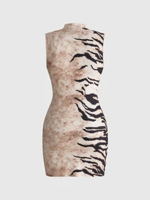 ROMWE Avant Women's Mini Dress Tiger Print Hollow Out Lace-Up Streetwear New Chinese Style - Rust Brown - View 8
