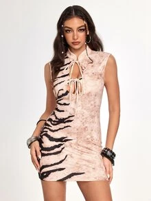 ROMWE Avant Women's Mini Dress Tiger Print Hollow Out Lace-Up Streetwear New Chinese Style - Rust Brown - View 4