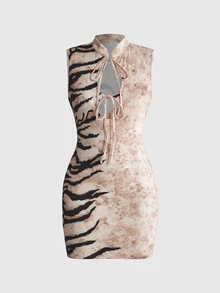 ROMWE Avant Women's Mini Dress Tiger Print Hollow Out Lace-Up Streetwear New Chinese Style - Rust Brown - View 7