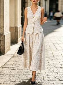 Franclia Women's Vintage Lace Pattern Print Button Vest Jacket And Long Skirt 2-Piece Set - Apricot - View 5