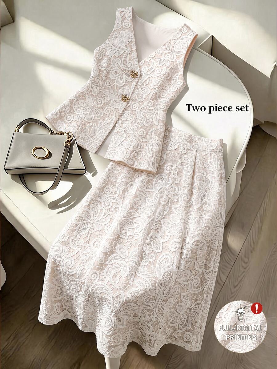 Franclia Women's Vintage Lace Pattern Print Button Vest Jacket And Long Skirt 2-Piece Set - Apricot - View 1