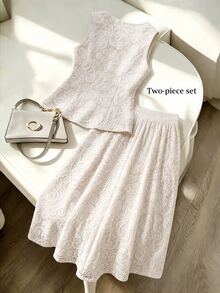 Franclia Women's Vintage Lace Pattern Print Button Vest Jacket And Long Skirt 2-Piece Set - Apricot - View 2