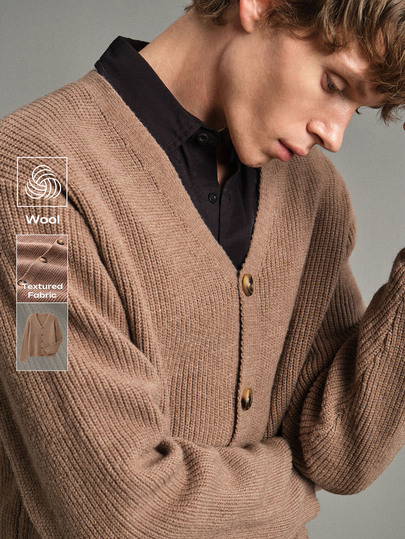 Calmiston Old Money Casual Men's Wool Blend Crew Neck Cable Knit Cardigan Solid Color Long Sleeve Single-Breasted Versatile For Daily Wear Autumn Business Brown