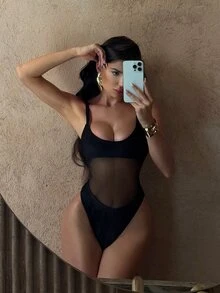 SHEIN Swim 女士 Springbreak 纯色吊带网眼拼接性感镂空连体泳衣，节日波西米亚风格 - 黑色 - 查看 2