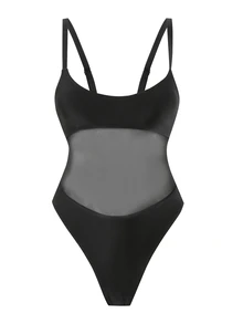 SHEIN Swim 女士 Springbreak 纯色吊带网眼拼接性感镂空连体泳衣，节日波西米亚风格 - 黑色 - 查看 5