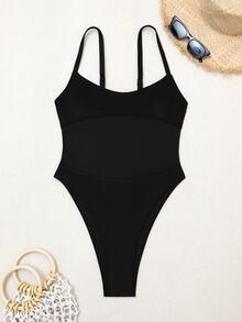 SHEIN Swim 女士 Springbreak 纯色吊带网眼拼接性感镂空连体泳衣，节日波西米亚风格 - 黑色 - 查看 8