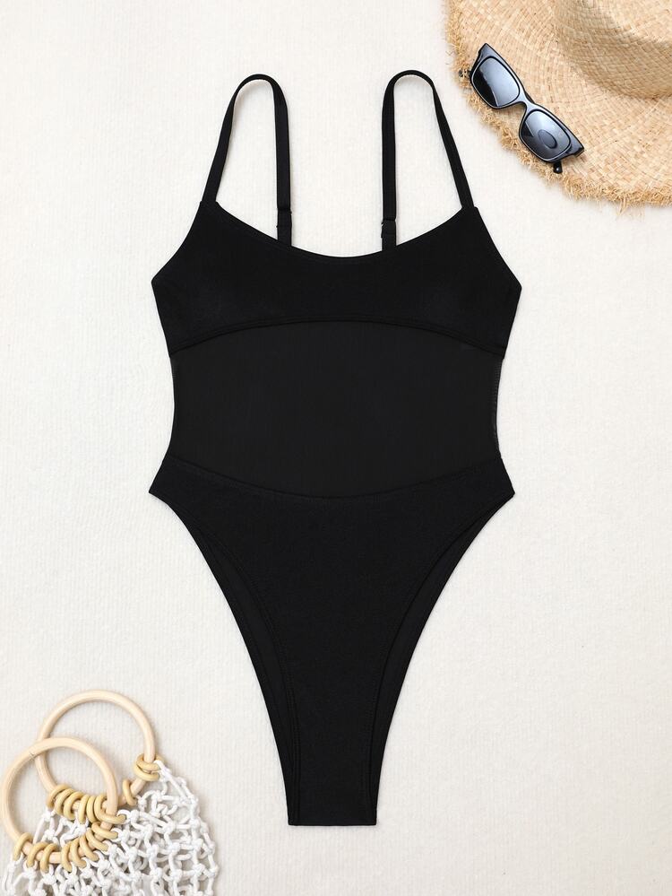 SHEIN Swim Women's Springbreak Solid Color Strap Mesh Patchwork Sexy Hollow Out 1-Piece Swimsuit, Festival Boho Style For Summer Beach Vacation - Black - View 7