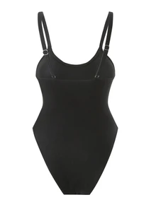 SHEIN Swim 女士 Springbreak 纯色吊带网眼拼接性感镂空连体泳衣，节日波西米亚风格 - 黑色 - 查看 6
