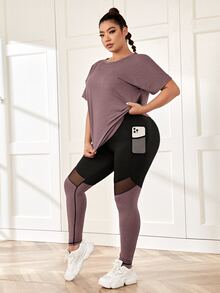 Rhythm Era Plus Size Sports Tee & Mesh Insert Sports Leggings With Phone Pocket Workout Women Set - Mauve Purple - View 4