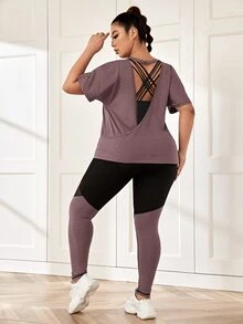 Rhythm Era Plus Size Sports Tee & Mesh Insert Sports Leggings With Phone Pocket Workout Women Set - Mauve Purple - View 3