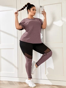 Rhythm Era Plus Size Sports Tee & Mesh Insert Sports Leggings With Phone Pocket Workout Women Set - Mauve Purple - View 6