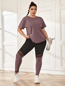 Rhythm Era Plus Size Sports Tee & Mesh Insert Sports Leggings With Phone Pocket Workout Women Set - Mauve Purple - View 5