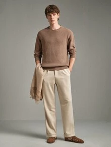 Calmiston Old Money Men's Wool Blend Crew Neck Knit Sweater Solid Color Soft Long Sleeve Pullover For Daily Wear Autumn Winter Birthday Vacation Shades Of Brown - Khaki - View 5