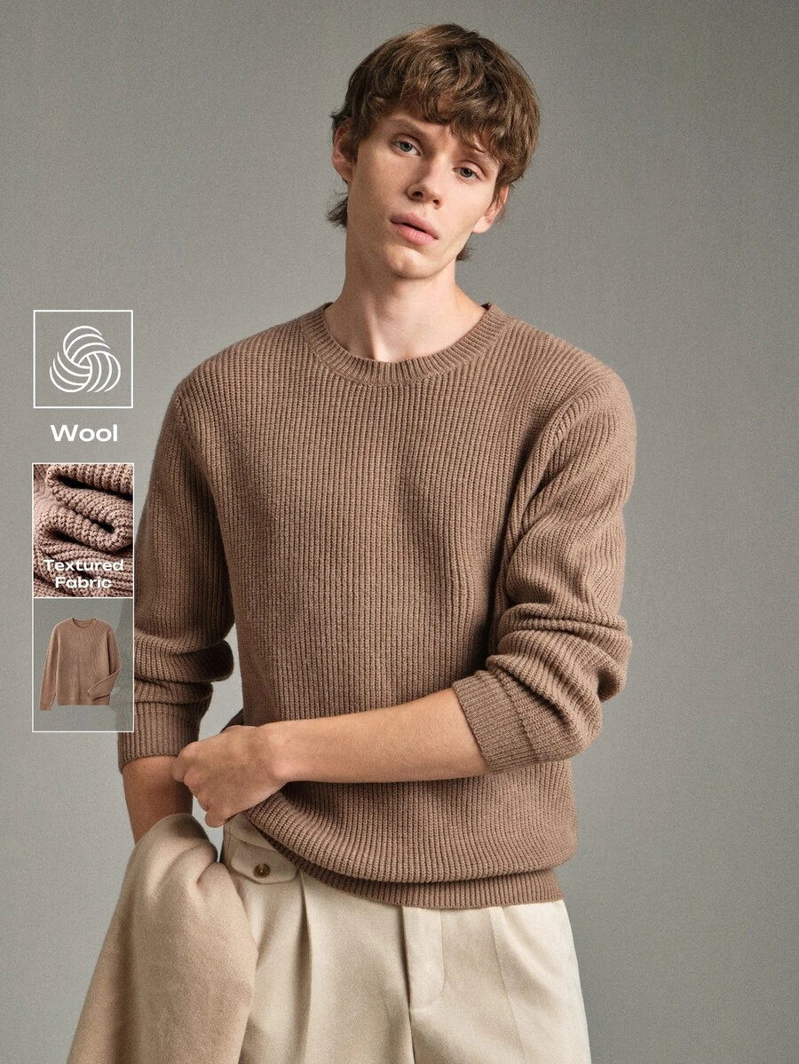 Calmiston Old Money Men's Wool Blend Crew Neck Knit Sweater Solid Color Soft Long Sleeve Pullover For Daily Wear Autumn Winter Birthday Vacation Shades Of Brown