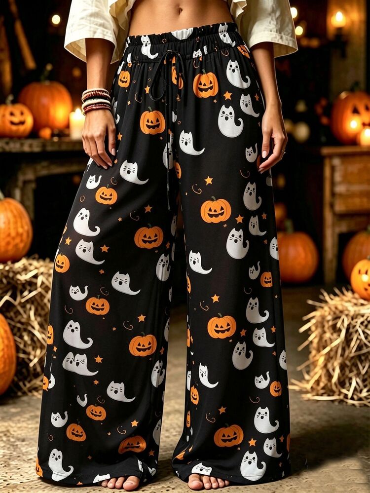 SHEIN LUNE CURVE Plus Size Women's Woven Regular Fit Autumn/Winter Daily Commute Casual Multi-Color Wide Leg Pants Halloween - Multicolor - View 1